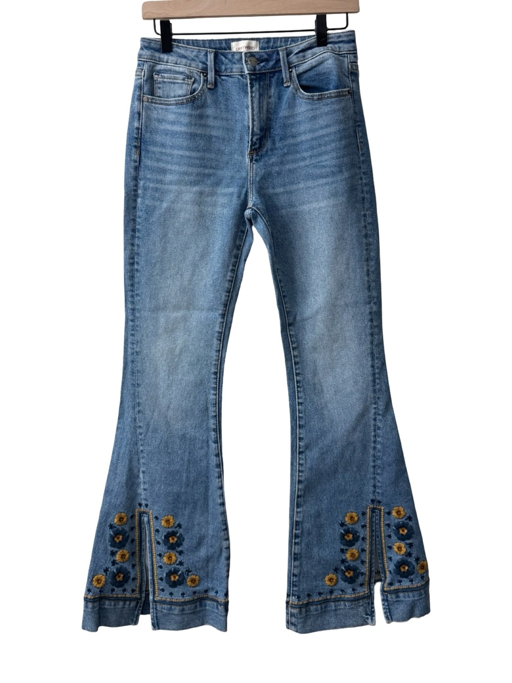 Driftwood  X Free People Farrah Split Hem Flare Boho Embroidered Jeans Size 26 - Picture 4 of 13